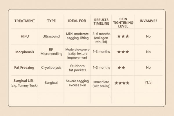 Table showing the comparisons of Skin tightening West Kilburn treatment options.